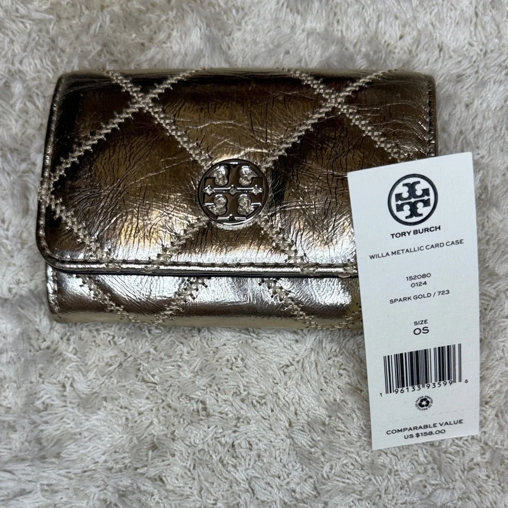 NWT Tory Burch Willa Metallic Gold Quilted Card Case